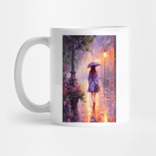 A woman with an umbrella walks along the evening street in the rain. Mug